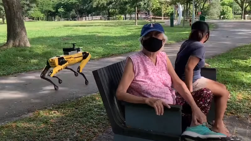 Робопёс по кличке Спот патрулирует парк в Сингапуре. Изображение: кадр из видео