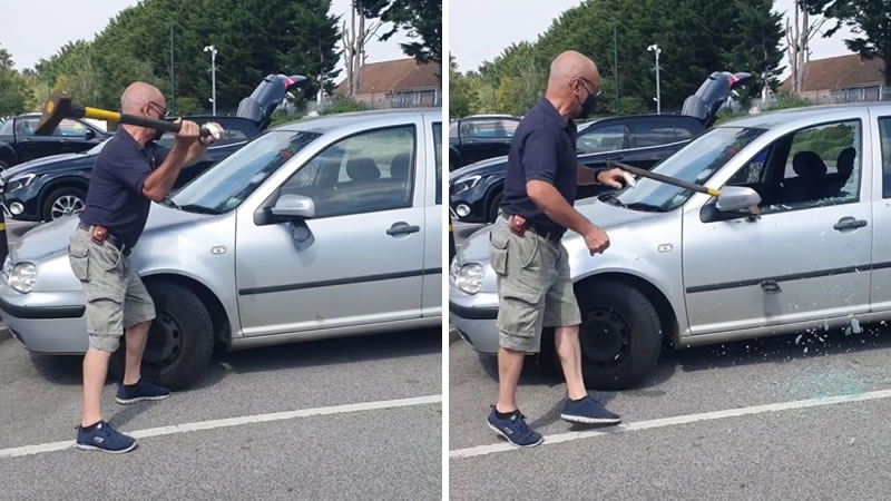 Британец разбил топором стекло автомобиля, чтобы спасти от жары запертую внутри собаку. Изображение: кадры из видео